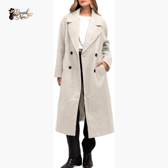 Long Wool Blend Pea Coat with Notch Lapel and Pockets